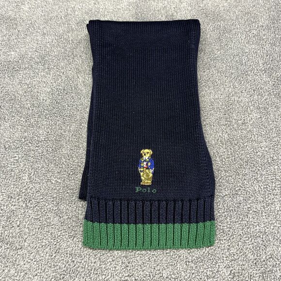 Polo Ralph Lauren Hat & Scarf Teddy Bear Navy Blue Green knit Cotton 8-20 Youth - Picture 6 of 15